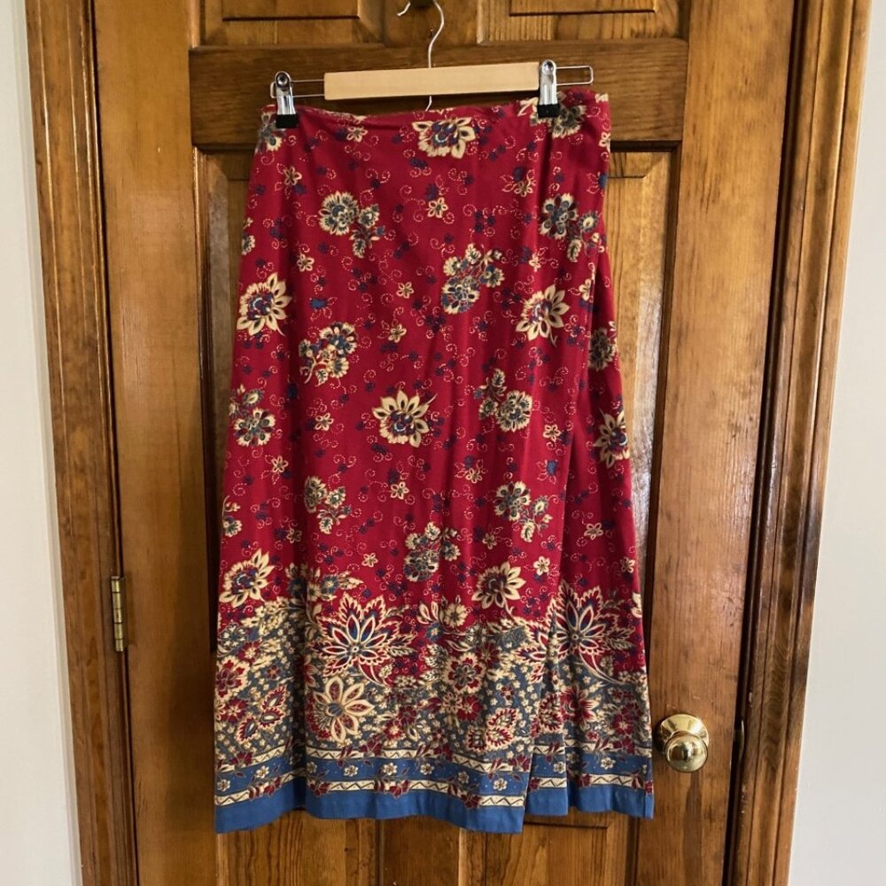 Coldwater Creek Red Floral Faux Wrap Cotton Skirt - Size PL
